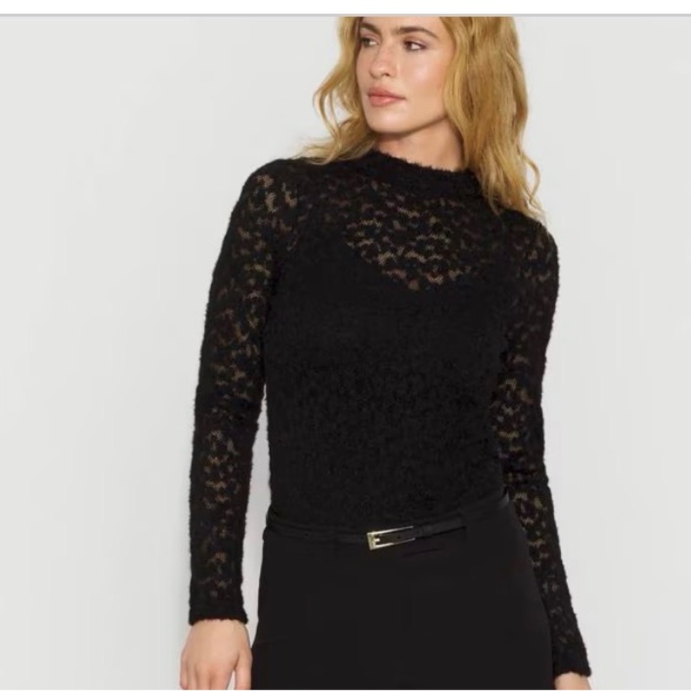 WHBM Sheer Black Lace Long-Sleeve Women's Top